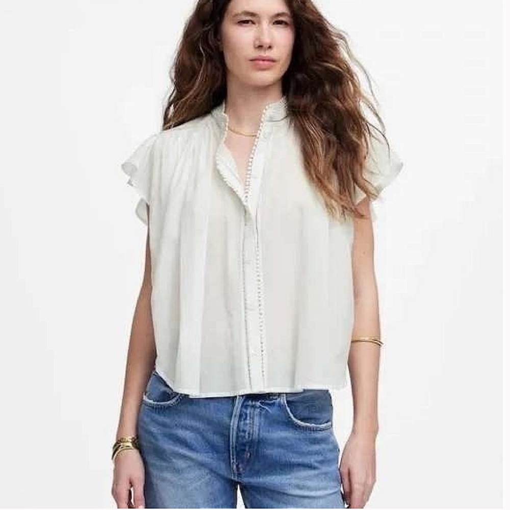 MADEWELL Shirred Lace-Trim Top White Button‎ Front Relaxed Boho Shirt Size Large